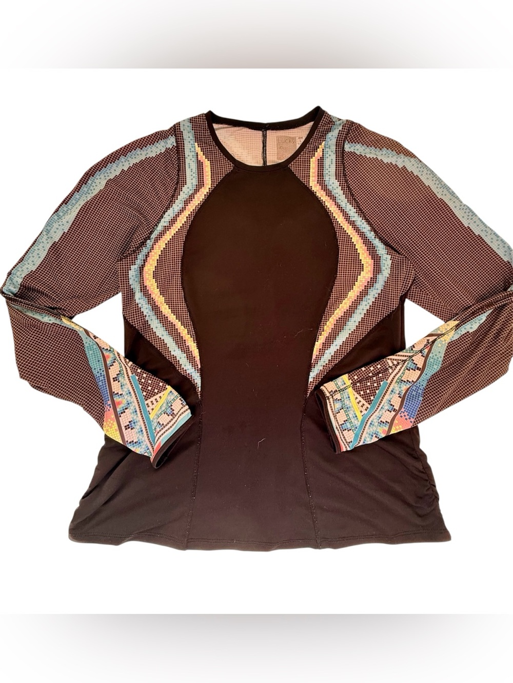 Lucky in Love Black Mosaic Panel Long Sleeve Top Sz Large Tennis Pickleball